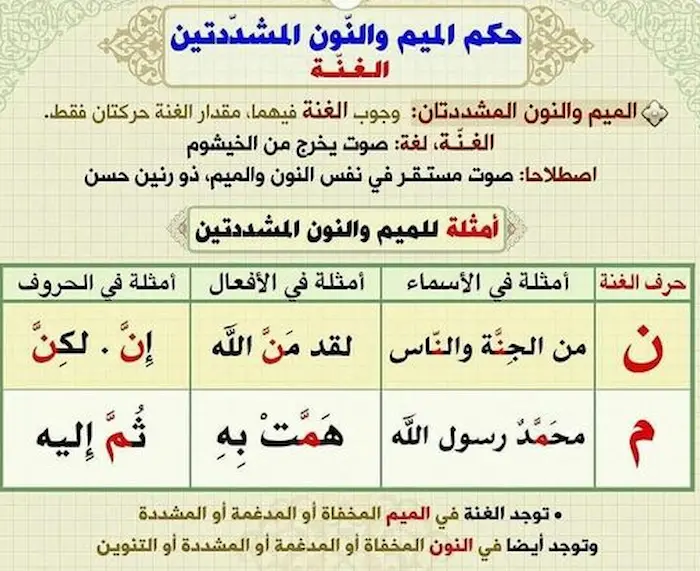 موقع الميم والنون المشددتين في الكلمة